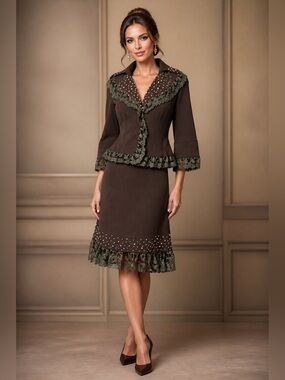 Arielle Skirt & Jacket Set with Pearl and Lace Details Elegant